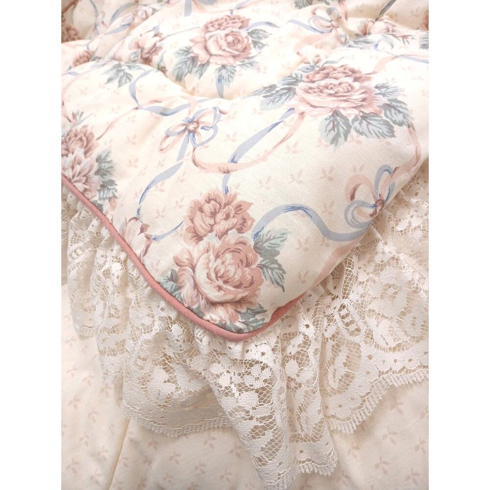 VTG Croscill Chestnut Hill Roses Ruffled Lace Quilt Bedspread Comforter Cottage